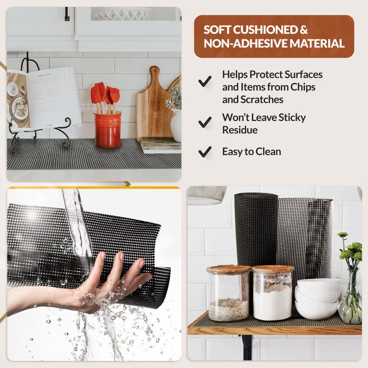 Soft cushioned and non-adhesive Mueller shelf liner  with kitchen application and benefits listed.