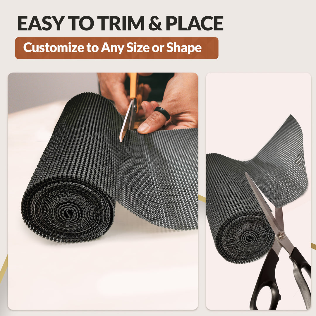 Roll of black shelf and Mueller drawer liner material with scissors and a hand cutting it, on a light gray background.