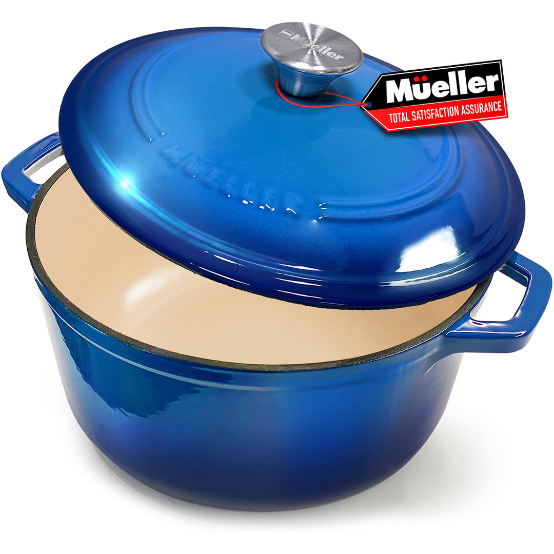 Mueller Dutch Oven Aqua Blue enameled cast iron Dutch oven with lid on a white background, featuring Mueller brand logo.