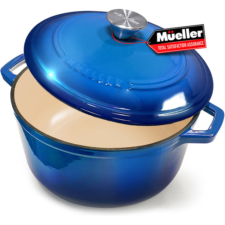 Mueller Dutch Oven Aqua Blue enameled cast iron Dutch oven with lid on a white background, featuring Mueller brand logo.