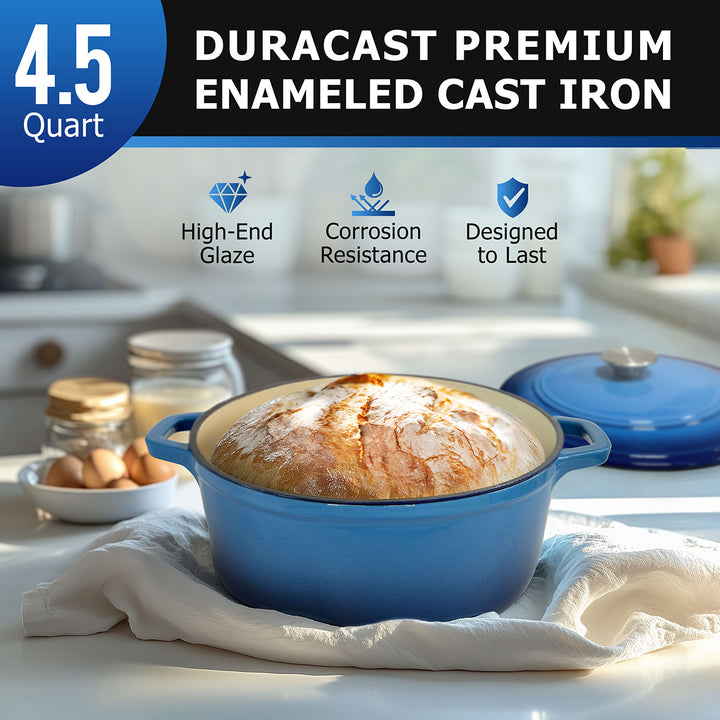Mueller Dutch Oven Aqua Blue enameled cast iron Dutch oven with bread on a kitchen counter, featuring Duracast branding.