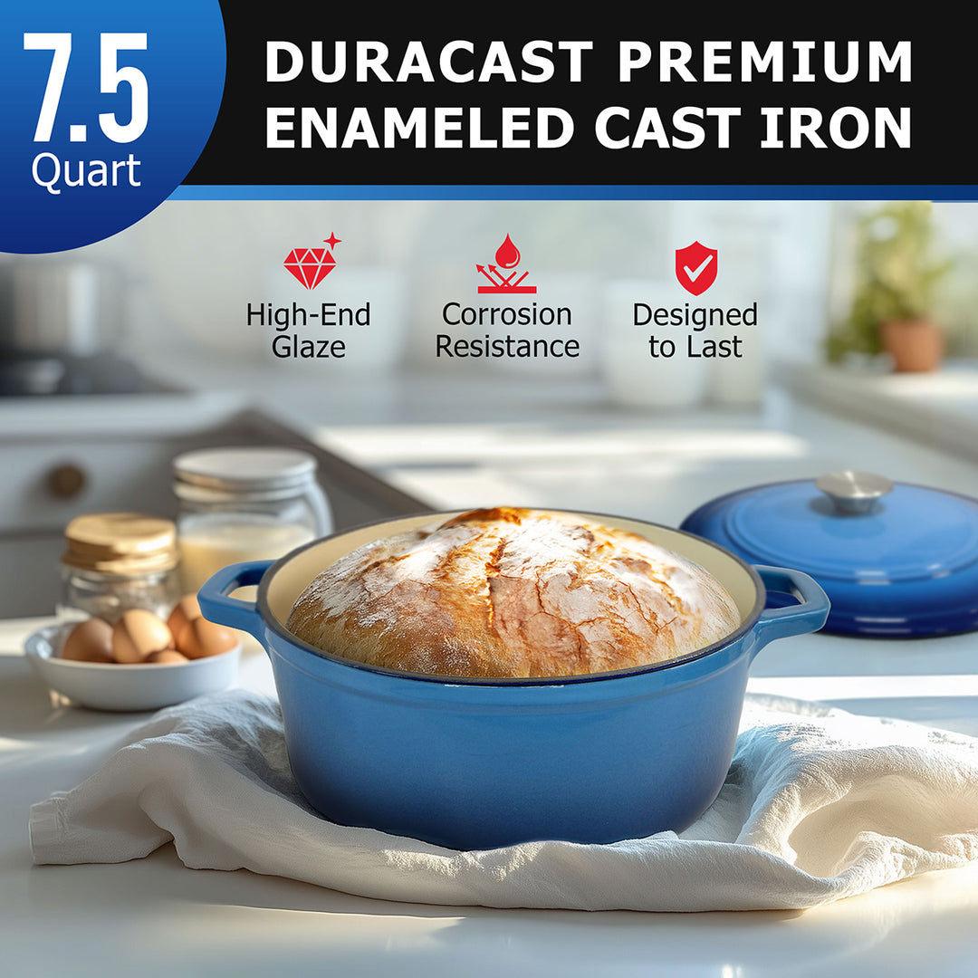 Mueller Dutch Oven Aqua Blue enameled cast iron Dutch oven with bread on a kitchen counter, featuring Duracast branding and product features.