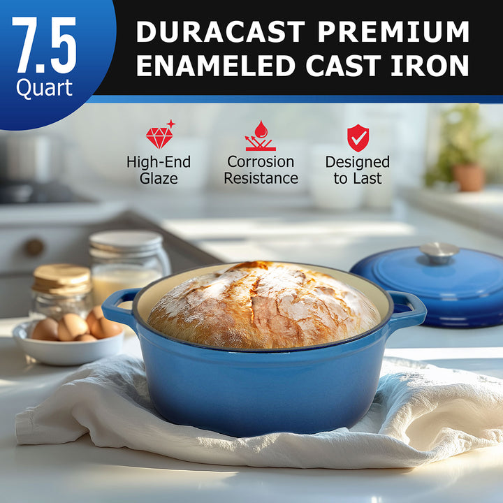 Mueller Dutch Oven Aqua Blue enameled cast iron Dutch oven with bread on a kitchen counter, featuring Duracast branding and product features.