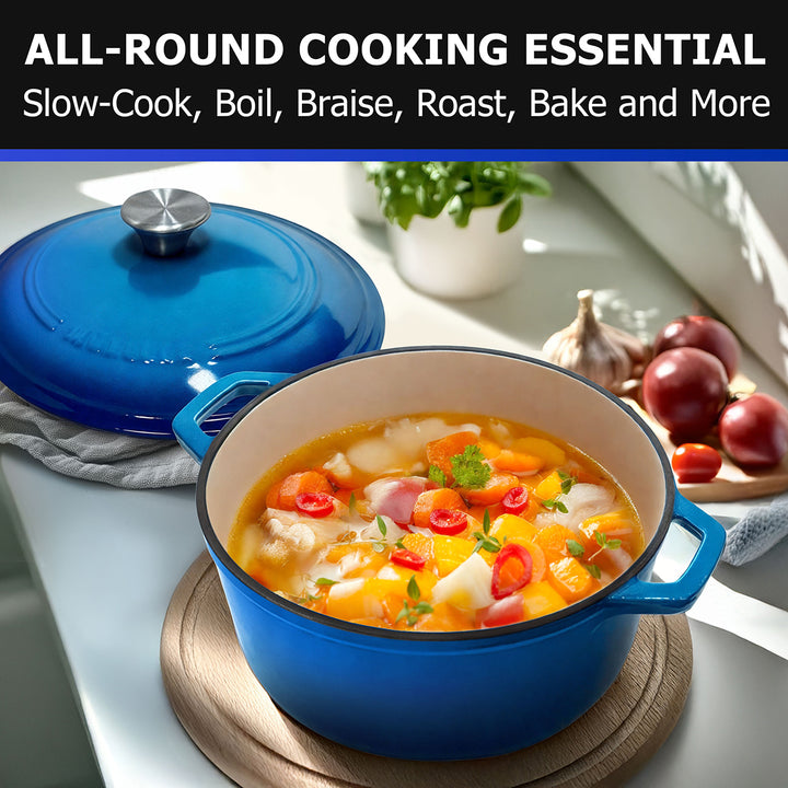 Mueller Dutch Oven Aqua Blue cast iron cookware with a pot of soup on a kitchen counter, surrounded by ingredients.