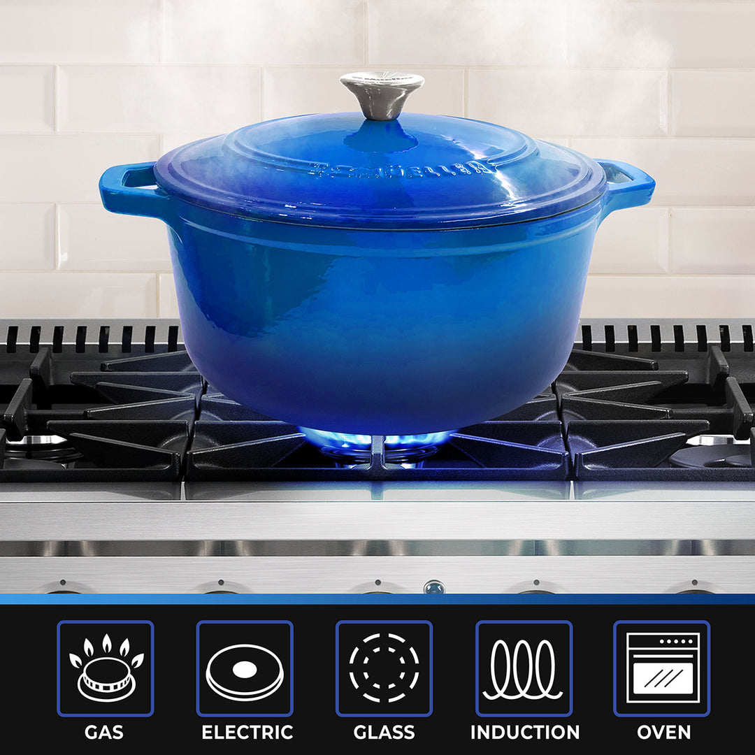 Mueller Dutch Oven Aqua Blue cast iron pot on a stove with cooking icons below