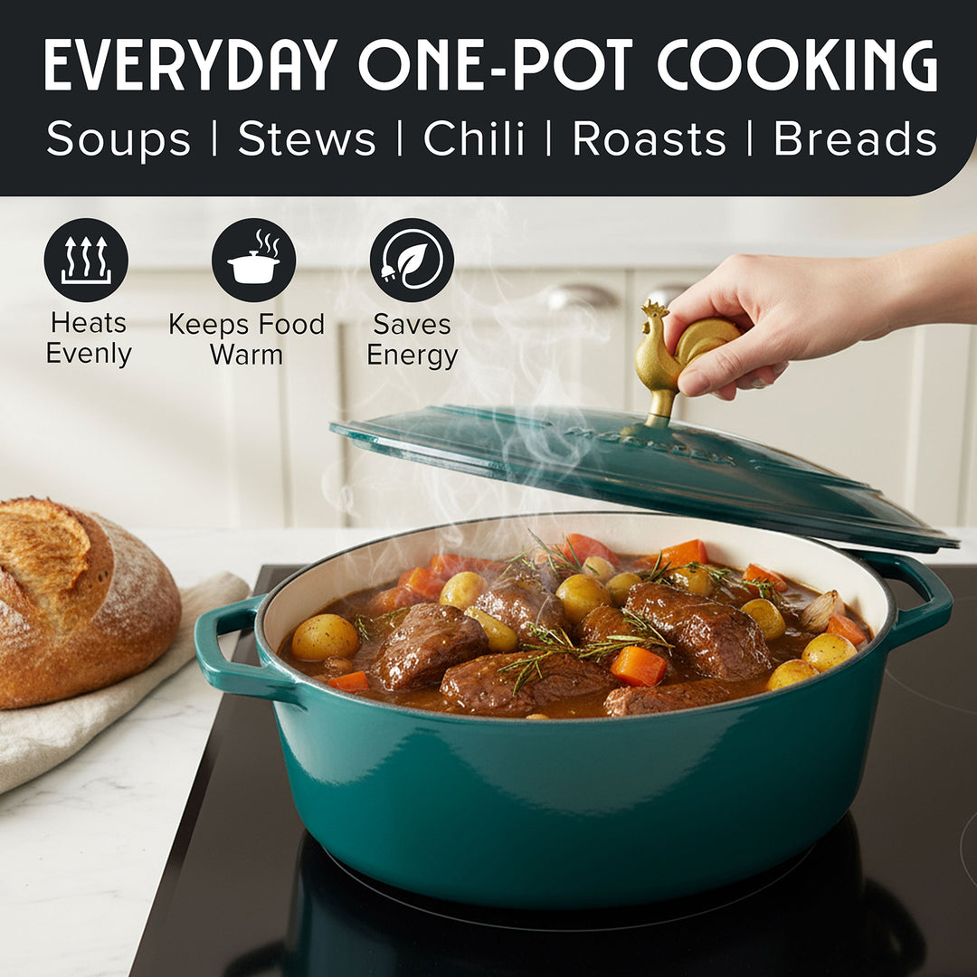 Mueller Dutch Oven Emerald Oval, Self-Basting Lid, with stew on a stove, surrounded by bread and kitchen elements, with text about one-pot cooking benefits.