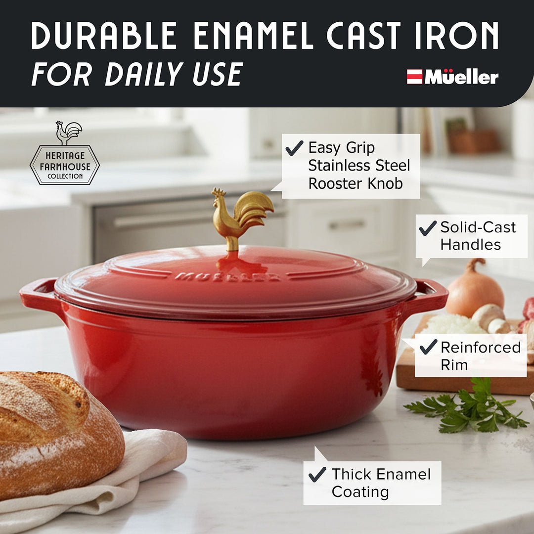 Mueller Dutch Oven Enameled red Oval with rooster knob on a kitchen counter, featuring Mueller brand.