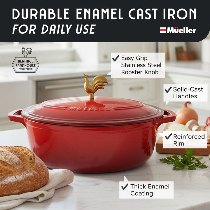 Mueller Dutch Oven Enameled red Oval with rooster knob on a kitchen counter, featuring Mueller brand.