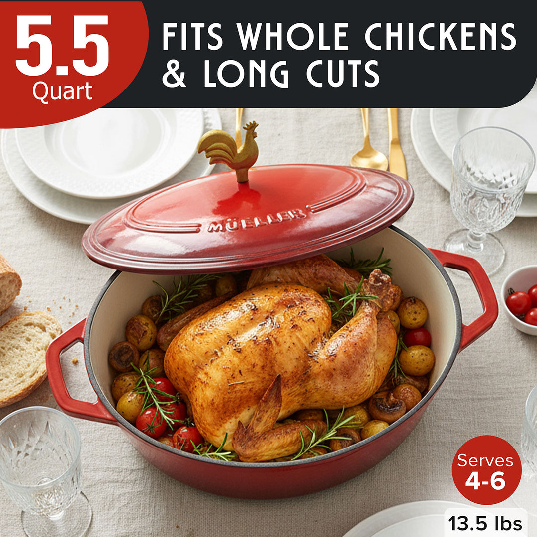 Mueller Dutch Oven Enameled red Oval with roasted chicken and vegetables on a table setting, labeled for capacity and servings.