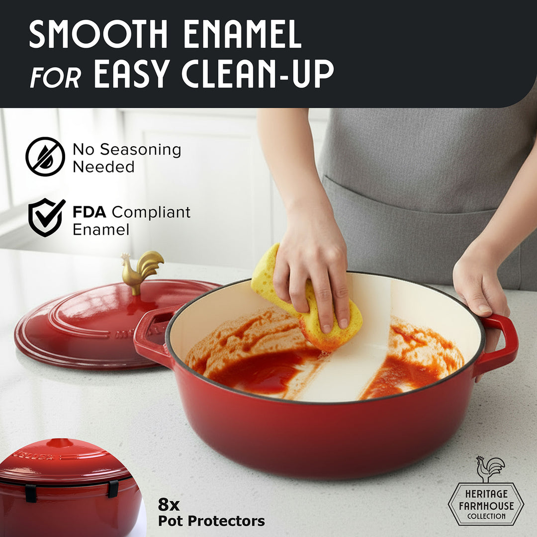 Mueller Dutch Oven Enameled red Oval with a person cleaning it, featuring text about smooth enamel and FDA compliance.