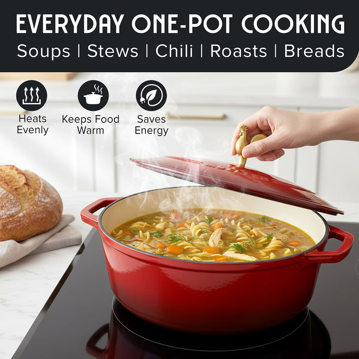 Mueller Dutch Oven Enameled red Oval cooking on a stove with soup, surrounded by bread and a hand holding a red pepper.