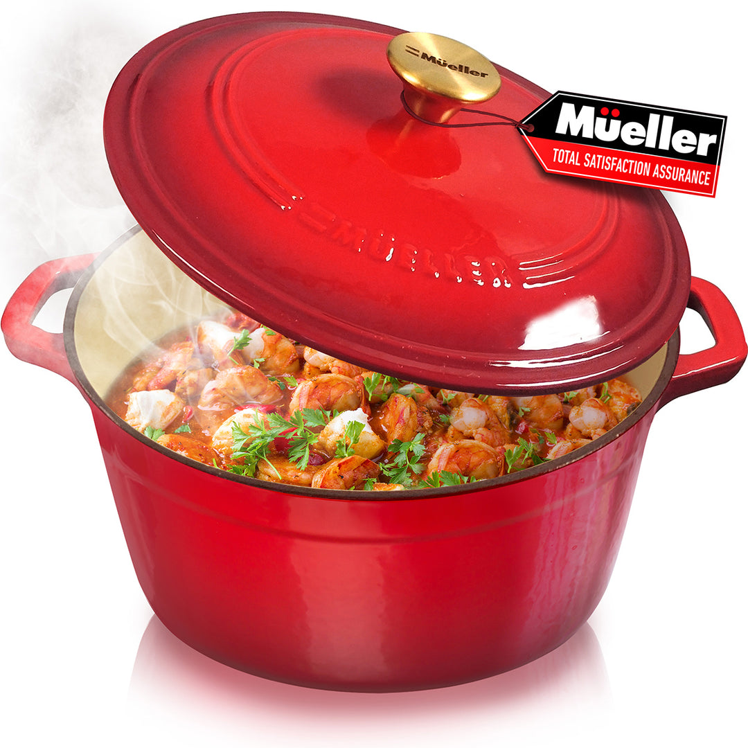 Mueller Dutch Oven  Red enameled cast iron cookware with food inside, featuring the Mueller brand.