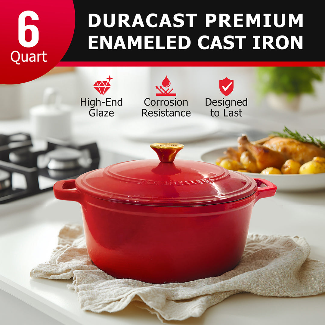 Mueller Dutch Oven Red enameled cast iron cookware on a kitchen counter with features highlighted.