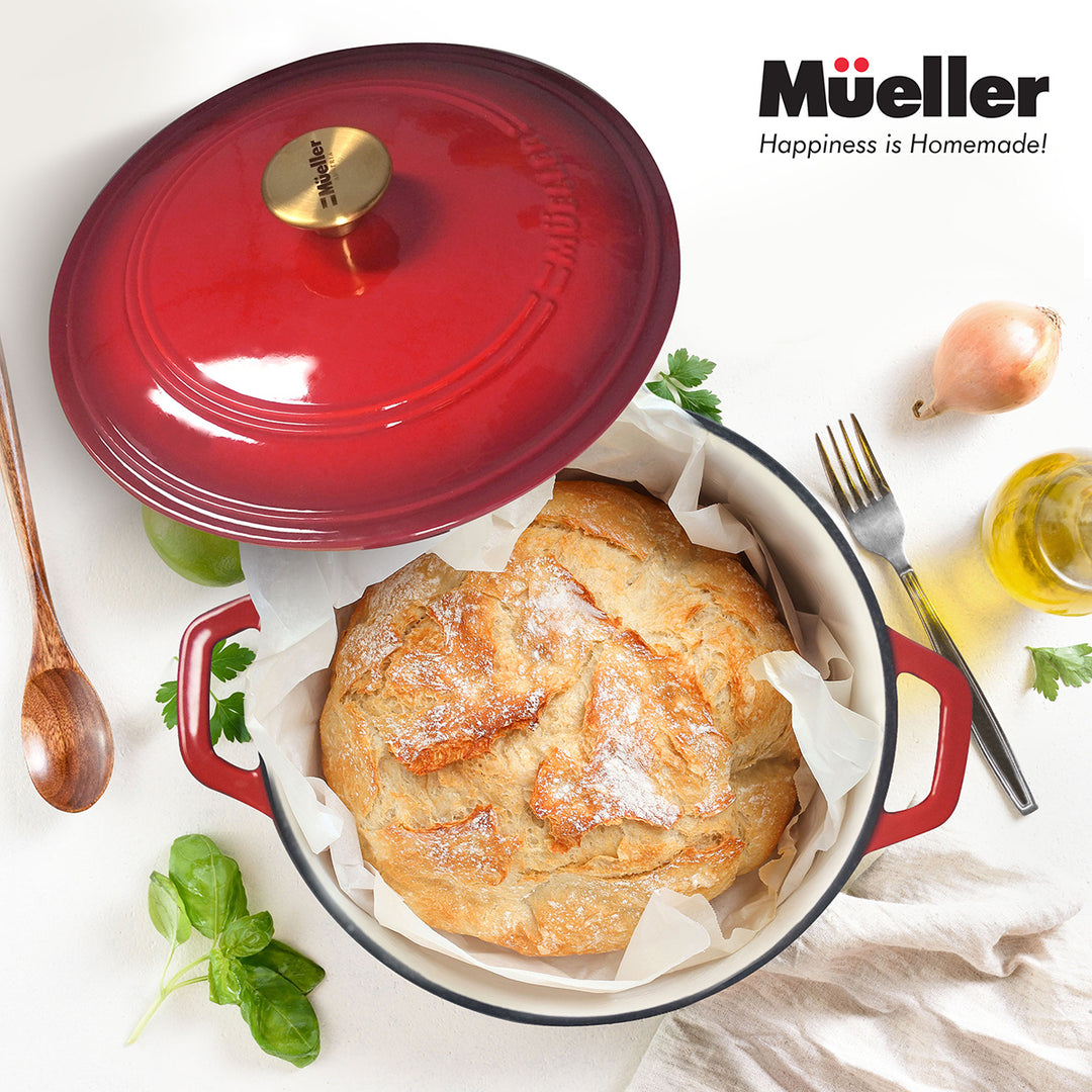 Mueller Dutch Oven Red enameled cast iron casserole dish with bread on a white background, featuring the Mueller brand.