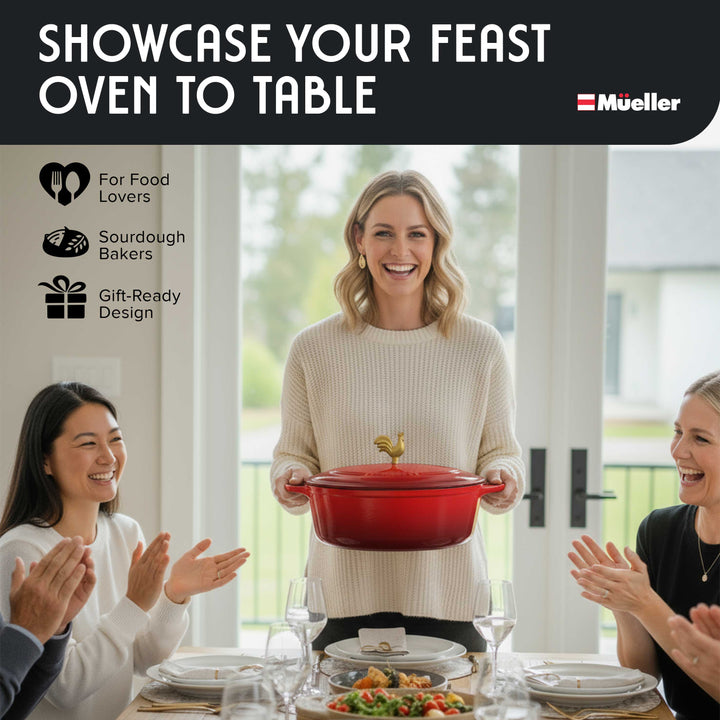 Woman holding a Mueller Dutch Oven Red Oval on a dining table, surrounded by friends, with text about 'Showcase Your Feast Oven to Table' and 'Mueller' brand.