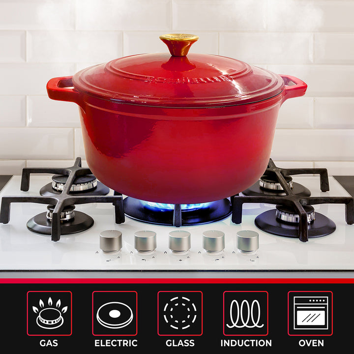 Mueller Dutch Oven Red cast iron pot on a stove with compatibility icons below