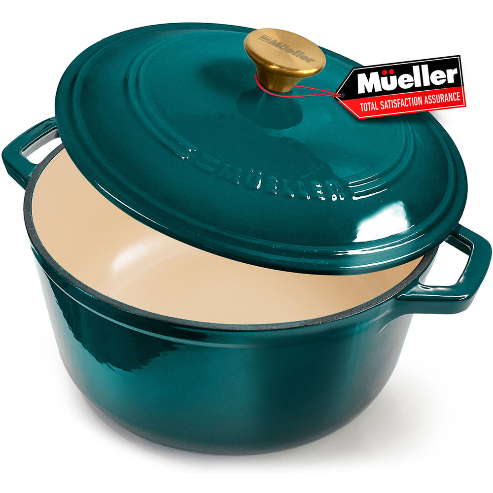 Mueller Dutch Oven emerald green enameled cast iron cookware with beige interior, featuring Mueller brand logo.