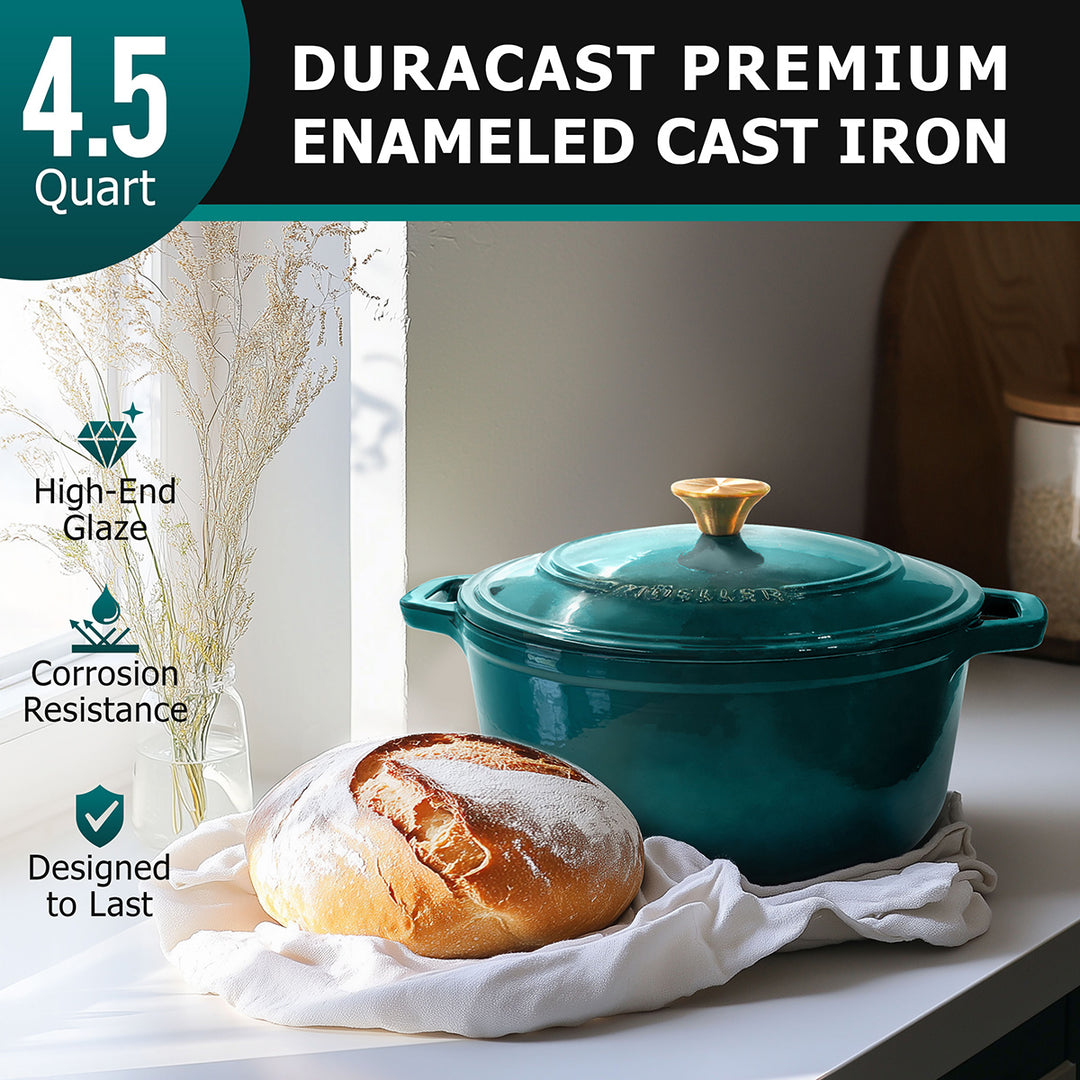 Mueller Dutch Oven emerald green enameled cast iron pot with a loaf of bread on a white surface, featuring Duracast branding.