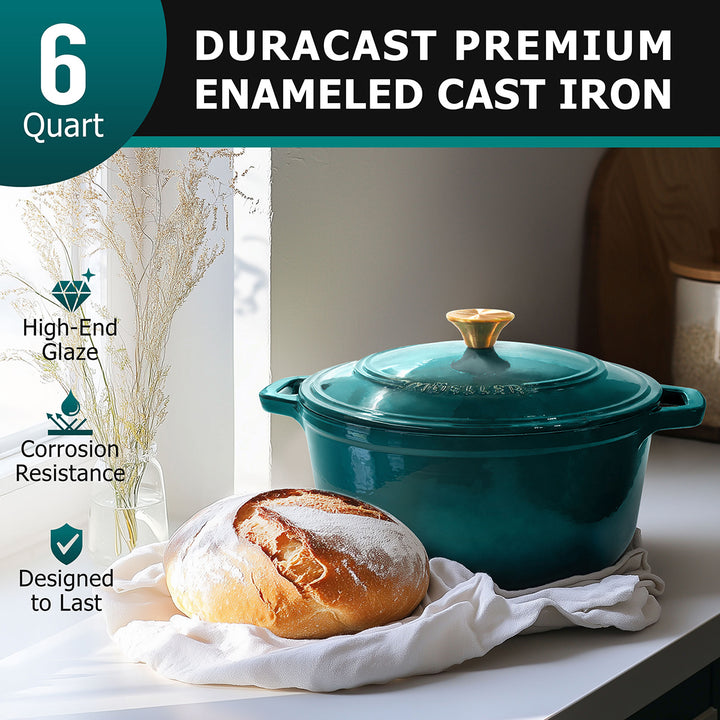 Mueller Dutch Oven emerald green enameled cast iron cookware with a loaf of bread on a white surface, featuring Duracast branding.