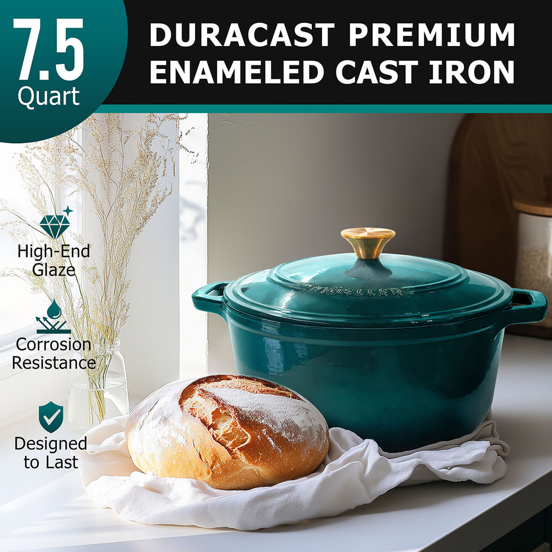 Mueller Dutch Oven emerald green enameled cast iron pot with a loaf of bread on a white surface, featuring Duracast branding.