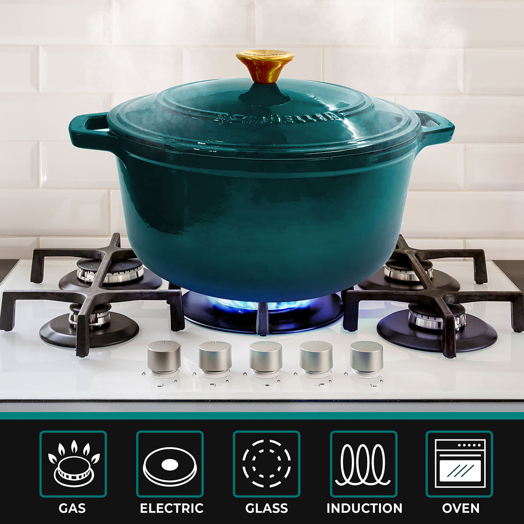 Mueller Dutch Oven emerald green cast iron pot on a stove with compatibility icons below