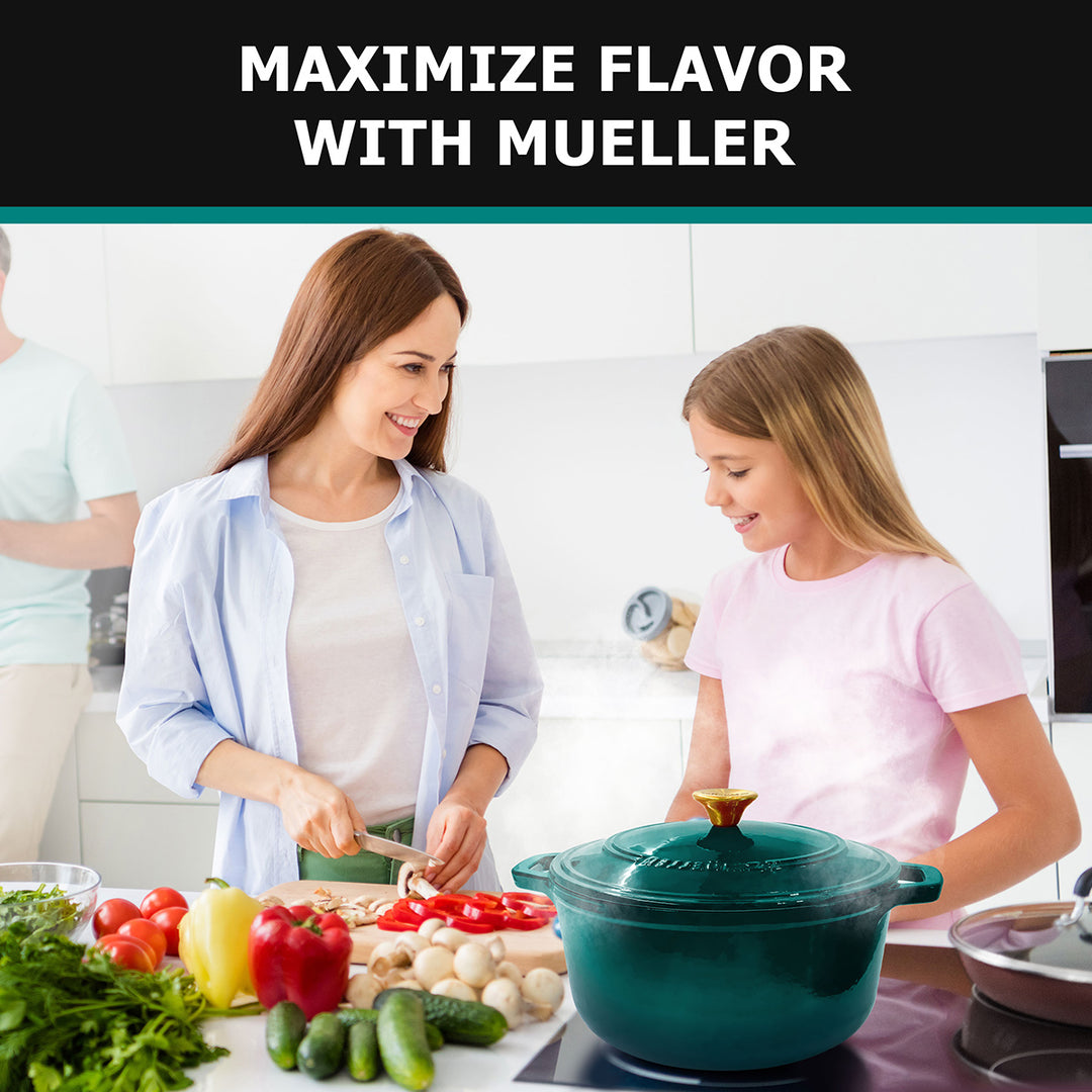 Woman and child cooking together with a Mueller Dutch Oven emerald green, promoting 'Maximize Flavor with Mueller'.