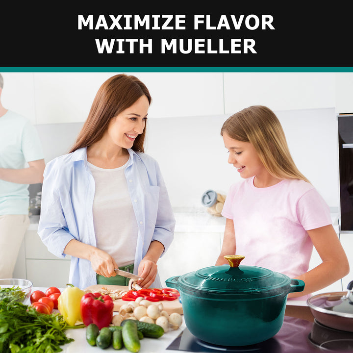 Woman and child cooking together with a Mueller Dutch Oven emerald green, promoting 'Maximize Flavor with Mueller'.
