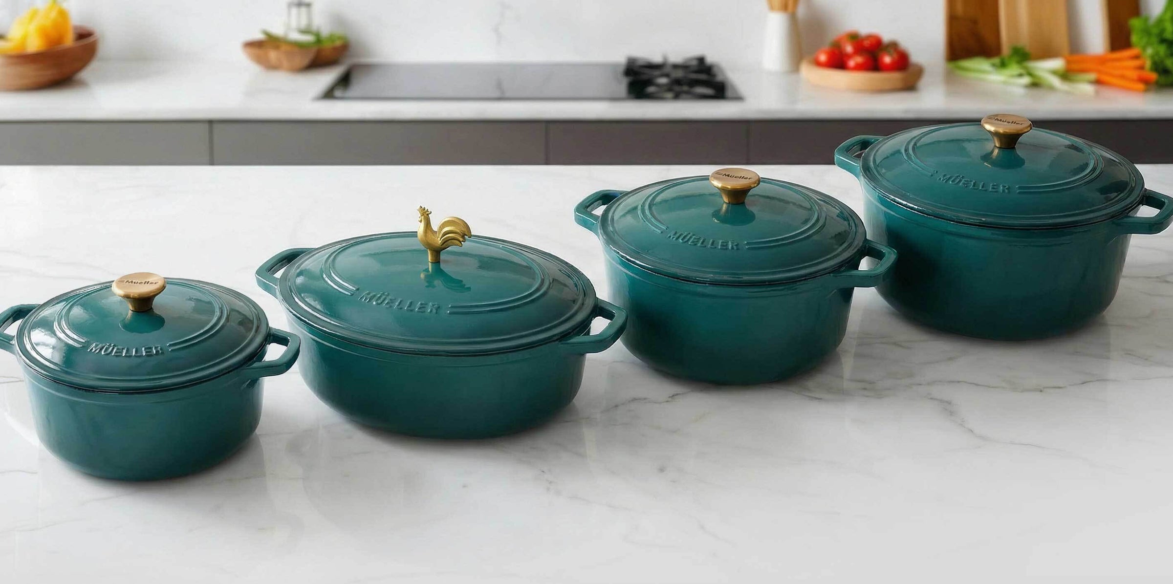 Set of emerald dutch ovens cookware with gold knobs on a kitchen counter