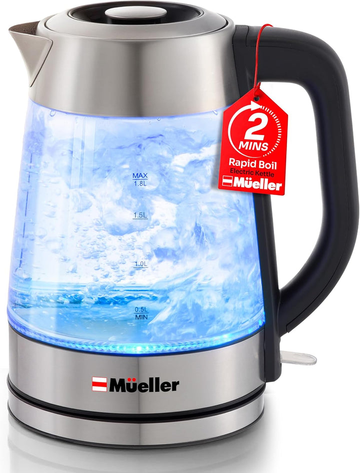 A silver electric kettle with a visible blue light, featuring the Mueller brand name and a '2 minutes rapid boil' label.