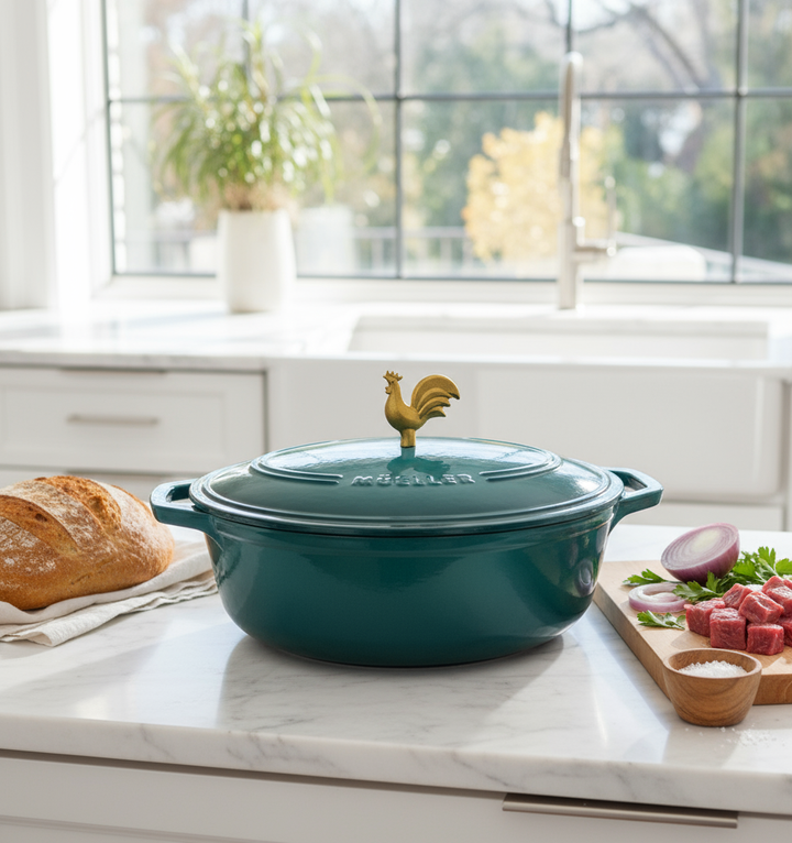 Green cast iron roaster with a rooster handle on a kitchen counter with ingredients and bread.