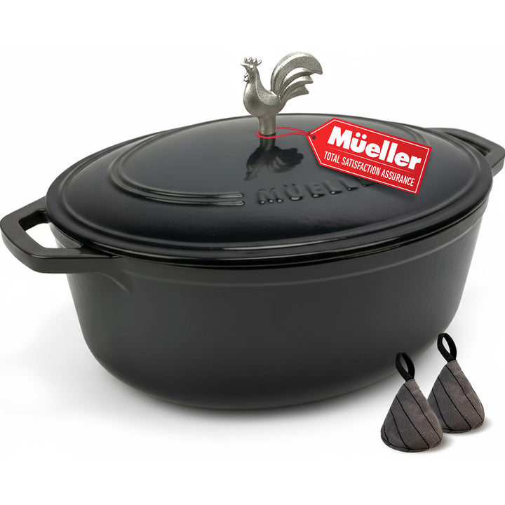 Black Oval shaped Dutch oven with the Mueller brand embossed on the lid with a silver rooster knob, on a white background, with two pot holders in a black striped pattern.