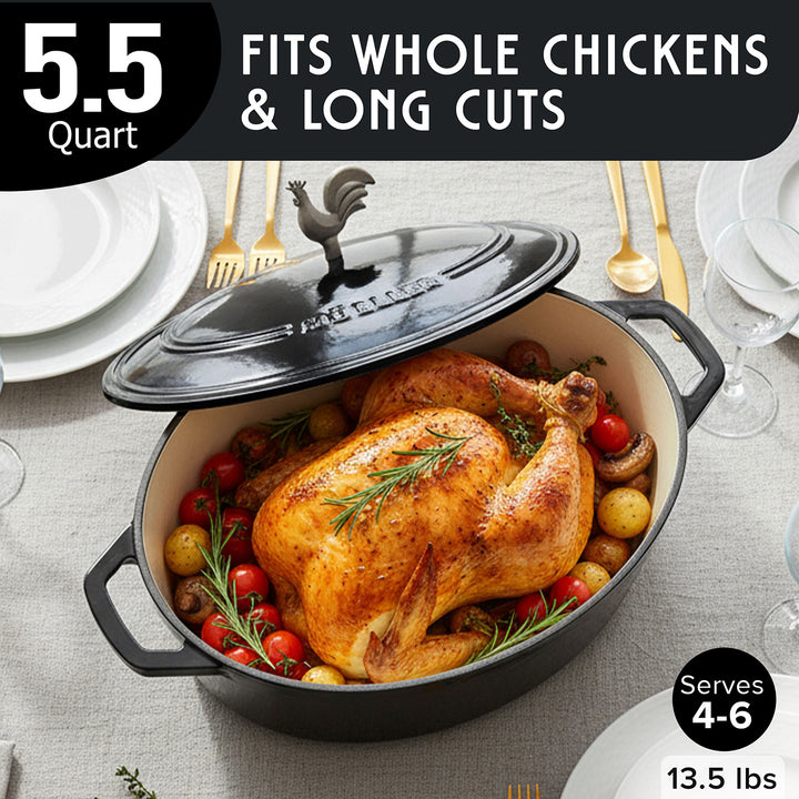 Mueller Enameled Black Dutch Oven Oval shaped with roasted chicken and vegetables on a table setting, labeled for capacity and servings.
