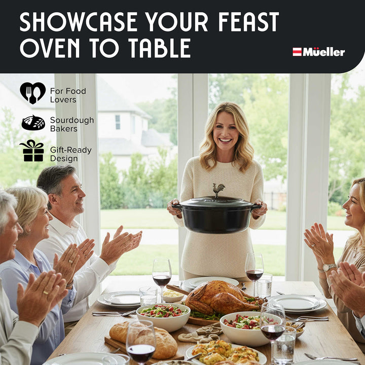 Woman holding a Mueller Enameled Black Dutch Oven Oval shaped with people clapping around a table set for a feast, featuring the Mueller brand.