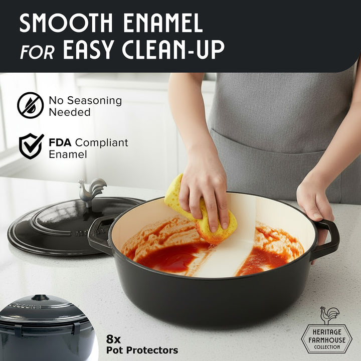 Person cleaning a Mueller Enameled Black Dutch Oven Oval shaped with smooth enamel surface, featuring text about the material and benefits.