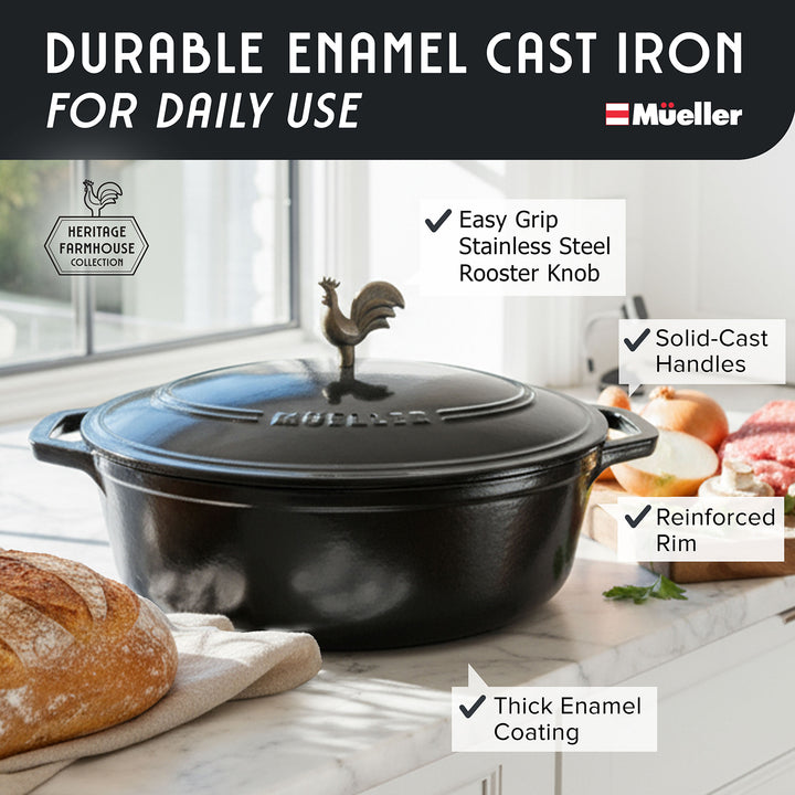 Mueller Enameled Black Dutch Oven Oval shaped with rooster knob on a kitchen counter, featuring Mueller brand.
