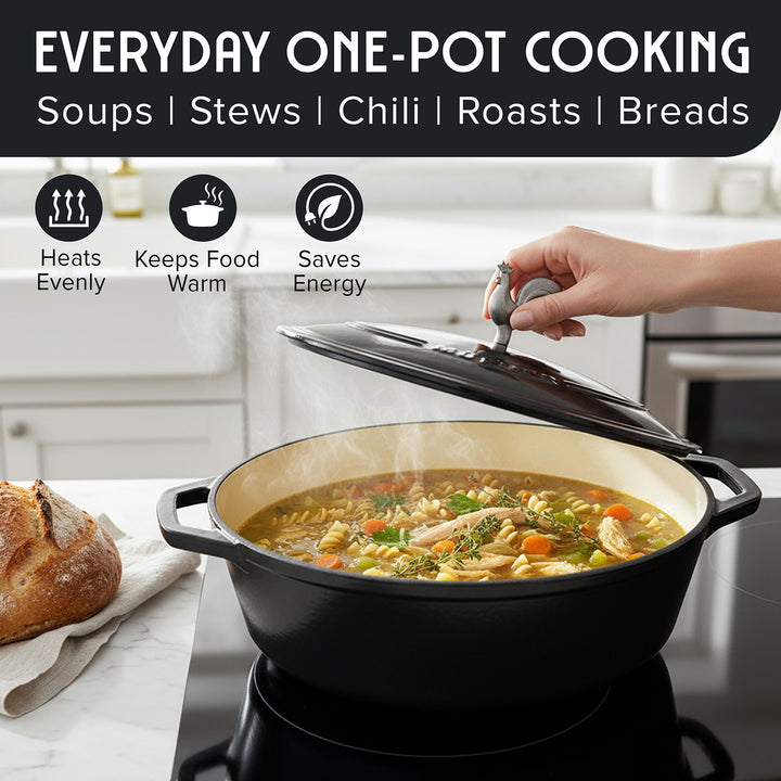 Black cast iron pot with soup on a stove, surrounded by kitchen items, with text about one-pot cooking.