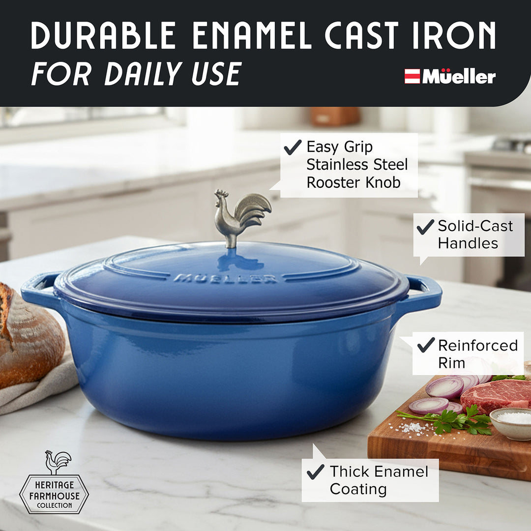 Mueller Enameled Dutch Oven Aqua Blue oval shaped cast iron cookware with rooster knob on a kitchen counter, featuring Mueller brand.