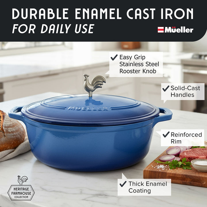 Mueller Enameled Dutch Oven Aqua Blue oval shaped cast iron cookware with rooster knob on a kitchen counter, featuring Mueller brand.