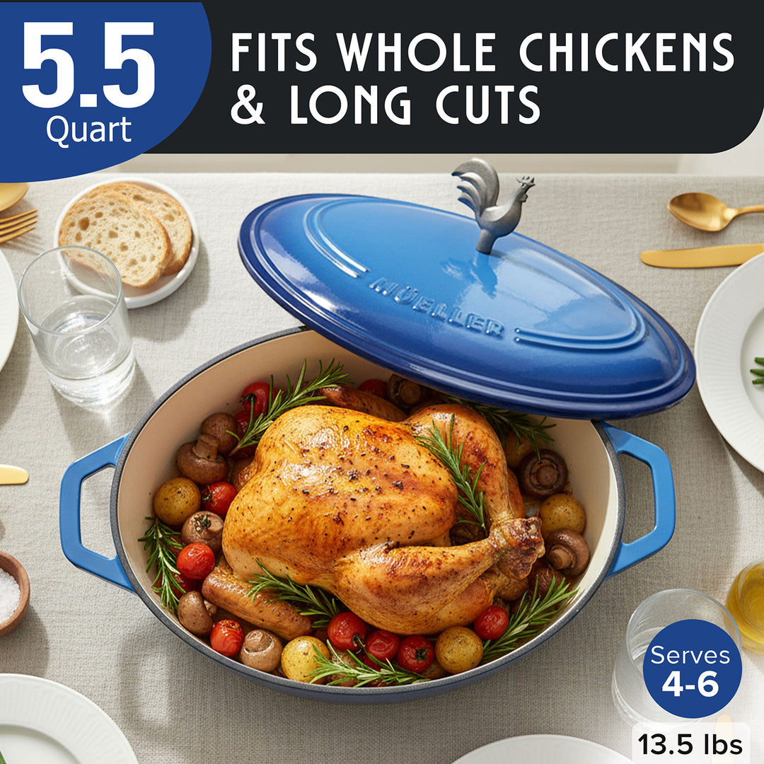 Mueller Enameled Dutch Oven Aqua Blue oval shaped with roasted chicken and vegetables on a table setting, labeled for capacity and serving size.
