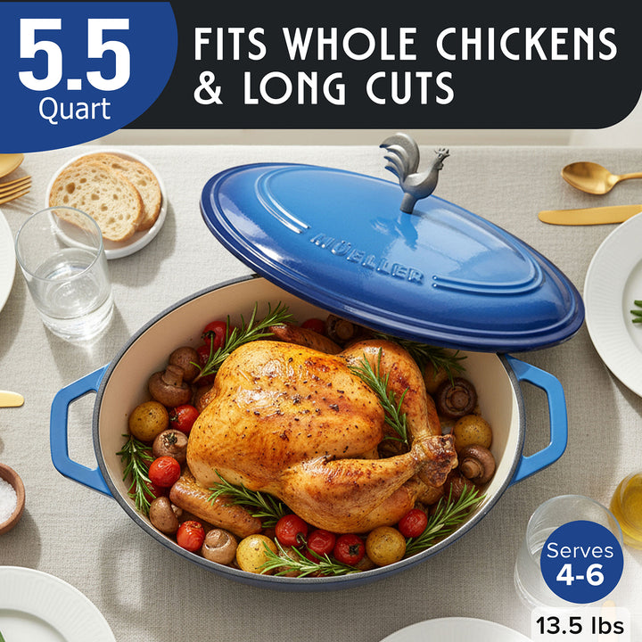 Mueller Enameled Dutch Oven Aqua Blue oval shaped with roasted chicken and vegetables on a table setting, labeled for capacity and serving size.