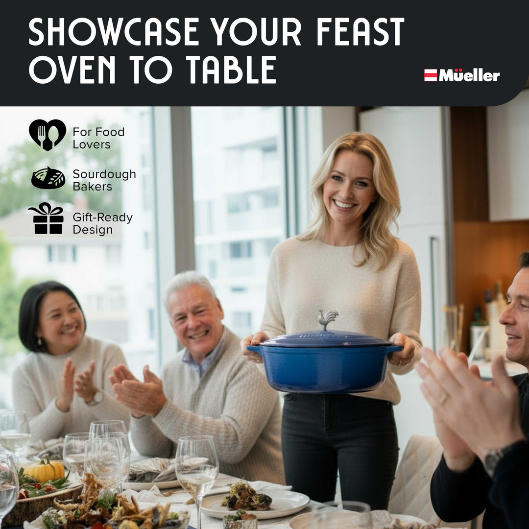 Woman holding a Mueller Enameled Dutch Oven Aqua Blue oval shaped with people clapping around a table, featuring the Mueller brand.
