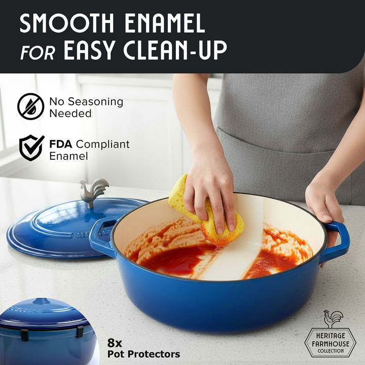 Mueller Enameled Dutch Oven Aqua Blue oval shaped with a person cleaning it, featuring text about smooth enamel and FDA compliance.