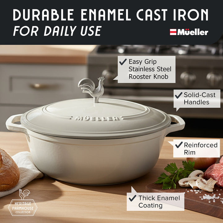 Mueller Enameled Dutch Oven Oval shapedwith rooster knob on a kitchen counter, featuring Mueller brand.