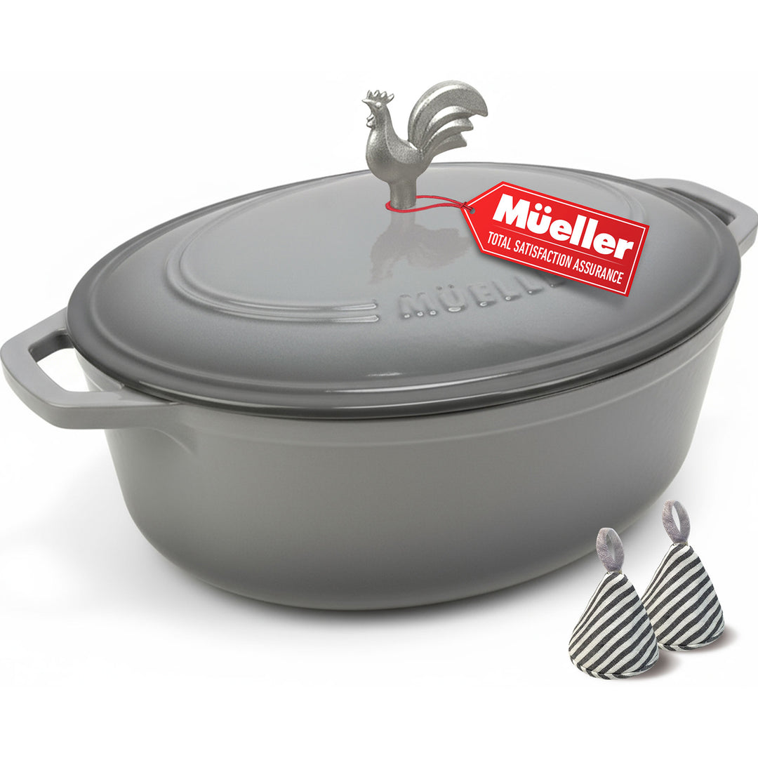 Grey Oval shaped Dutch oven with the Mueller brand embossed on the lid with a silver rooster knob, on a white background, with two pot holders in a grey striped pattern.