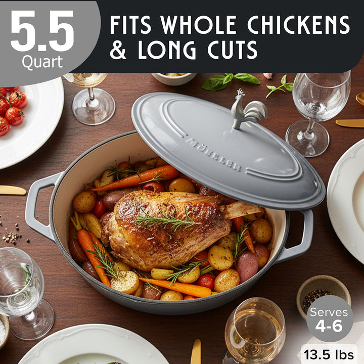 Mueller Enameled Gray Dutch Oven Oval shaped with roasted chicken and vegetables on a table setting
