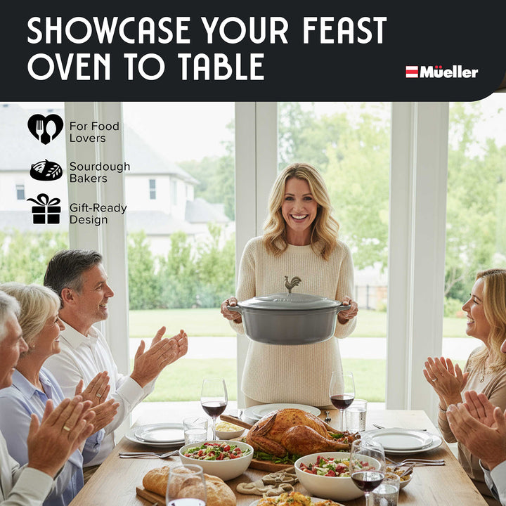 Woman holding a Mueller Enameled Gray Dutch Oven Oval shaped in a dining room with people clapping, featuring the Mueller brand.