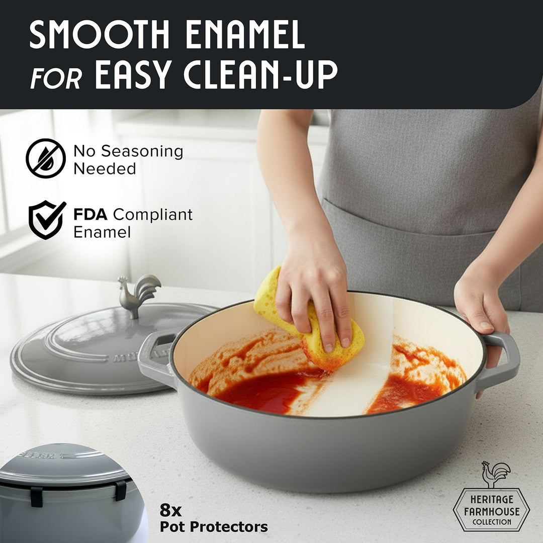 Person cleaning a pot with smooth enamel finish, featuring text about its properties.