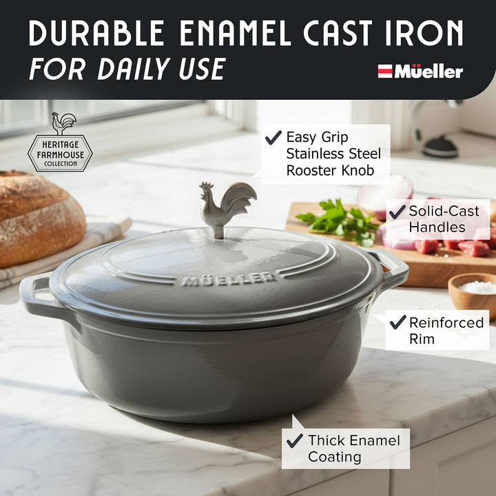 Mueller Enameled Gray Dutch Oven Oval shaped with rooster knob on a kitchen counter, featuring Mueller branding and product features.