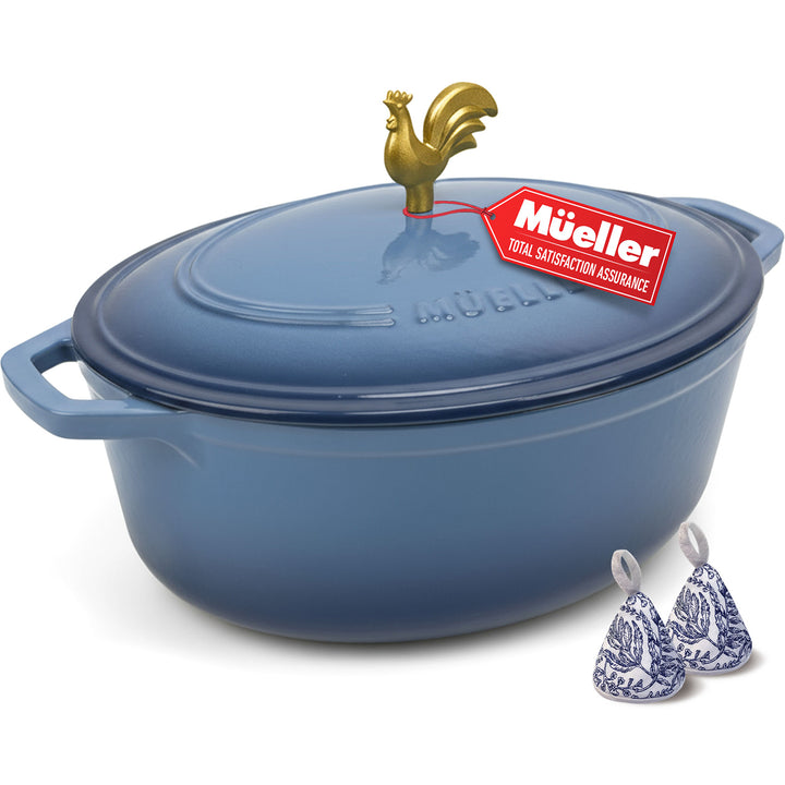 Mineral Blue Oval shaped Dutch oven casserole pot with the Mueller brand embossed on the lid with a gold rooster knob, on a white background, with two pot holders in a floral blue pattern.