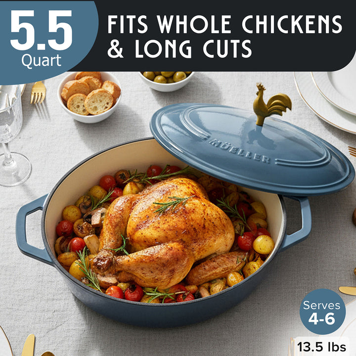 Mueller Enameled Mineral Blue Dutch Oven Oval shaped with roasted chicken and vegetables on a table setting, labeled for capacity and serving size.